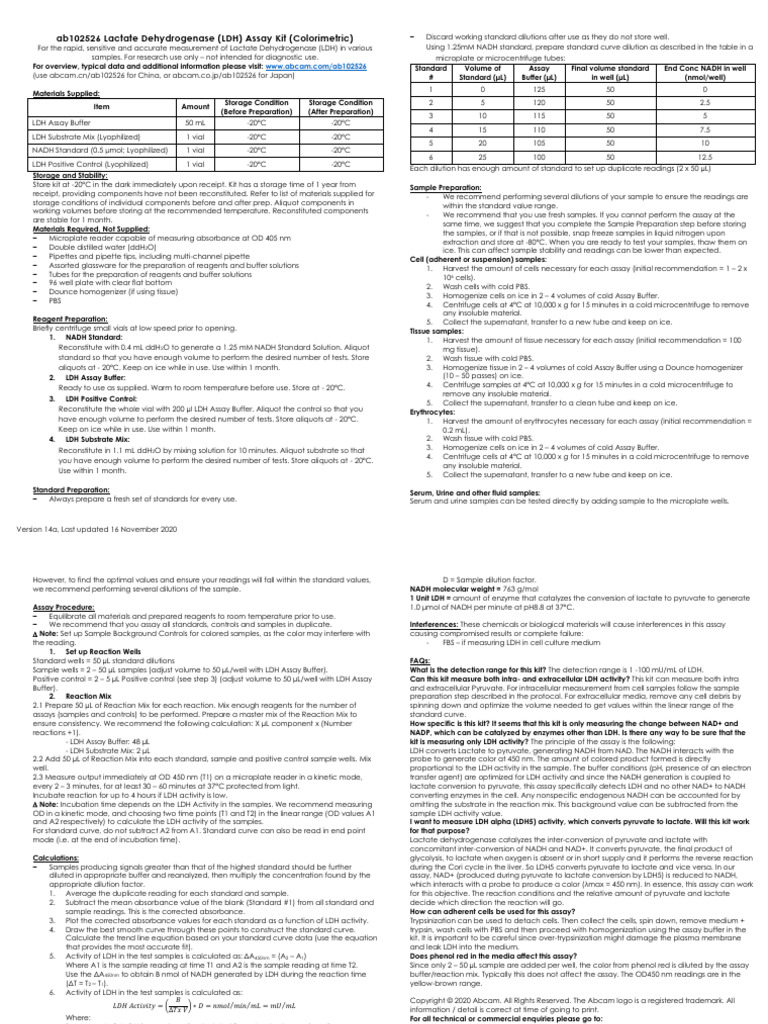 LdhAssayKitProtocolBookV14aAb102526 (Website) PDF Lactate
