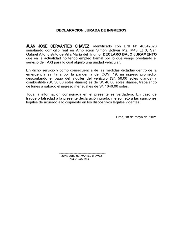 Declaración Jurada de Ingresos 2021 | PDF | Finanzas y dinero ...