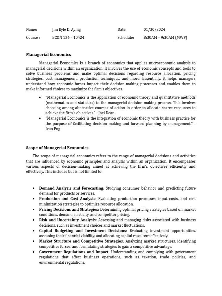 Managerial Economics Overview for ECON 124 | PDF | Economics ...