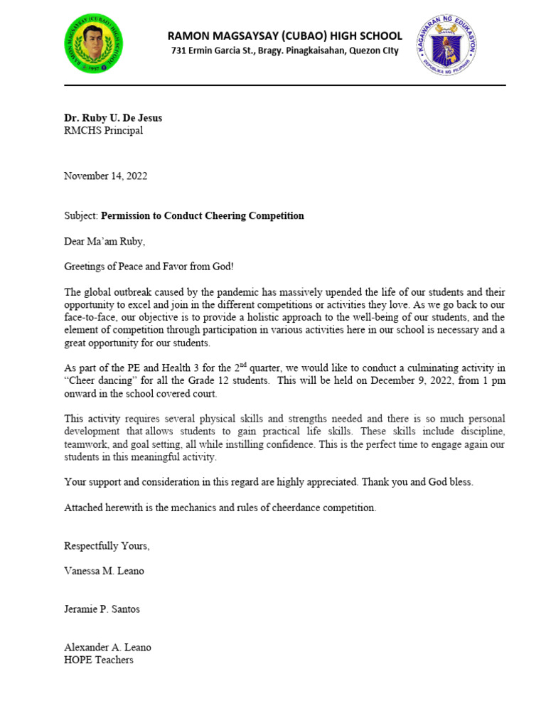 Request for Cheerdance Competition Approval | PDF | Career & Growth ...