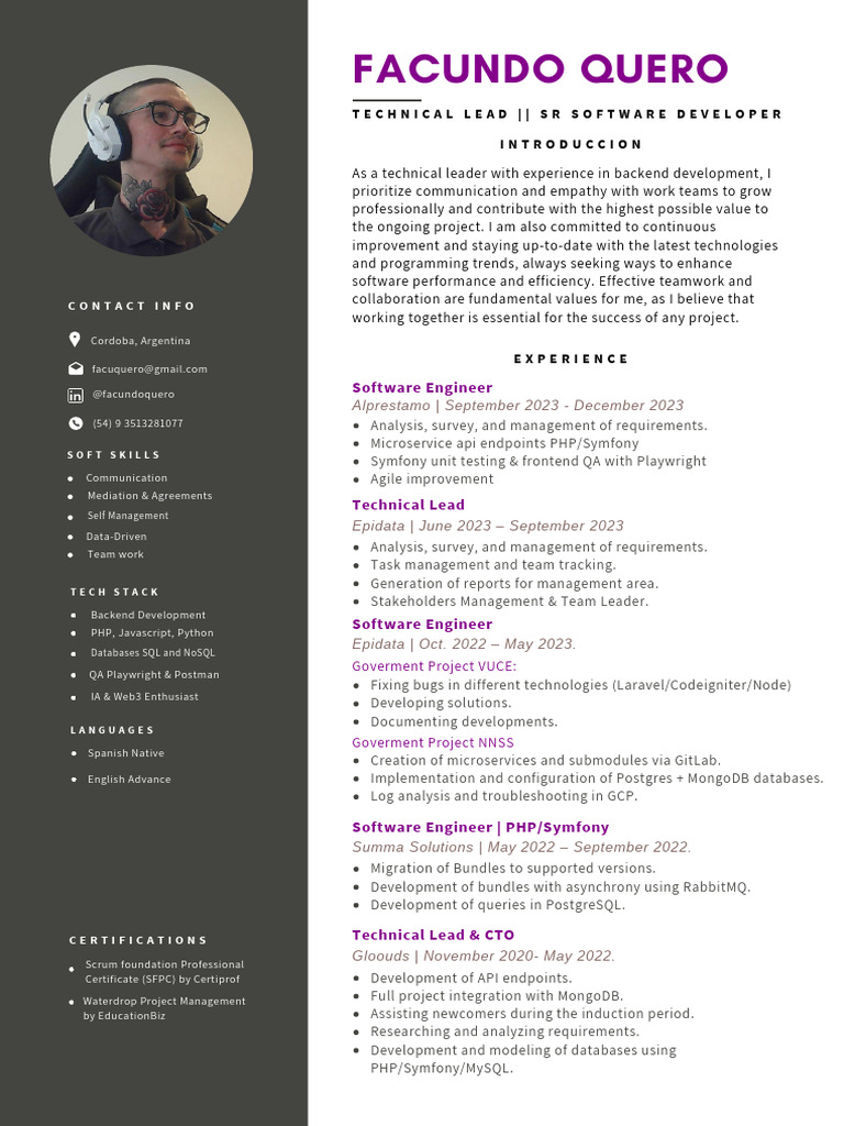 Technical Lead & Software Developer Profile | PDF | Postgre Sql | Databases