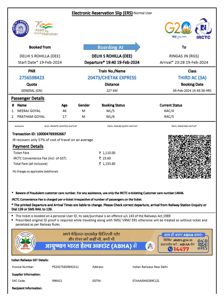 20473/chetak Express Third Ac (3A) | PDF | Identity Document