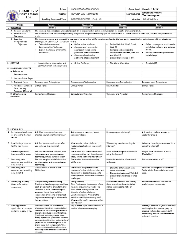 DLL Empowerment Technologies Week 1 | PDF | Educational Technology ...