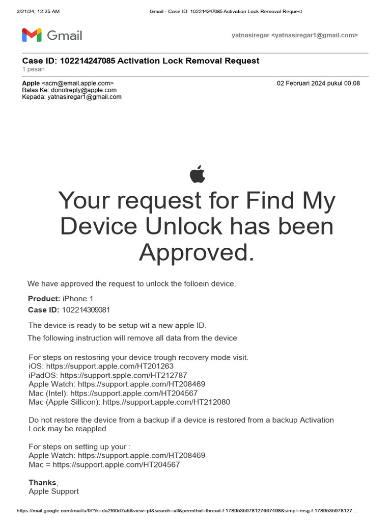 Gmail Case ID 102214247085 Activation Lock Removal Request Backup PDF