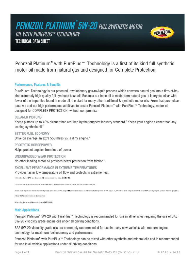 Pennzoil Platinum SAE 5W 20 Full Synthetic Motor Oil | PDF | Motor Oil ...