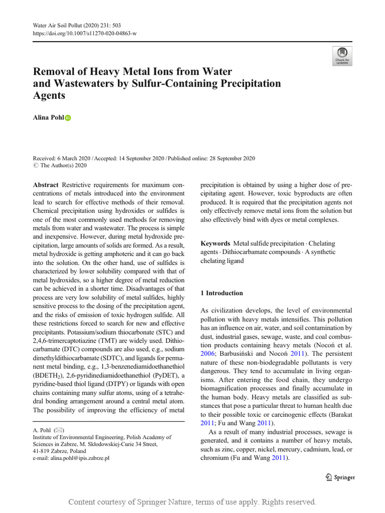 Removal of Heavy Metal Ions From Water and Wastewa | PDF ...