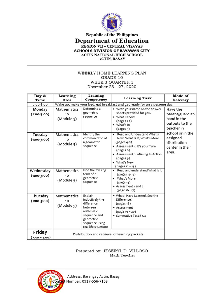 Weekly-Home-Learning-Plan-Math 10 Mod 5 | PDF | Mathematics | Learning