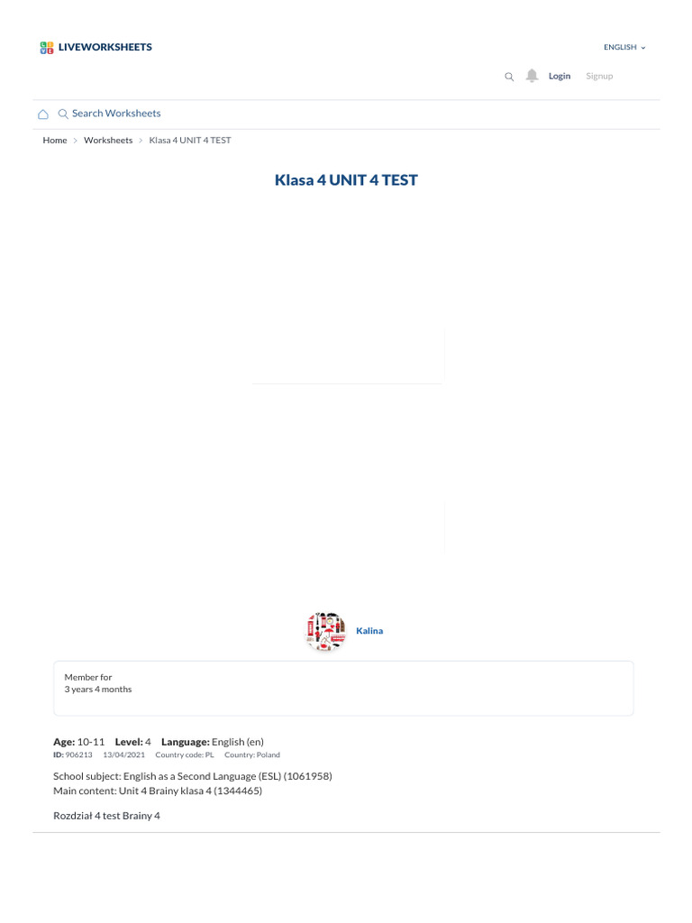 Klasa 4 UNIT 4 TEST Worksheet - Live Worksheets | PDF