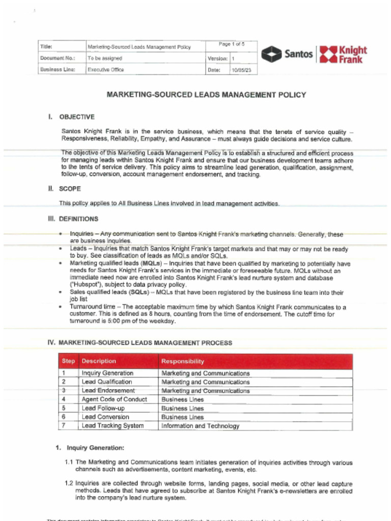 Marketing-Sourced Leads Management Policy (31-May-2023) Signed | PDF