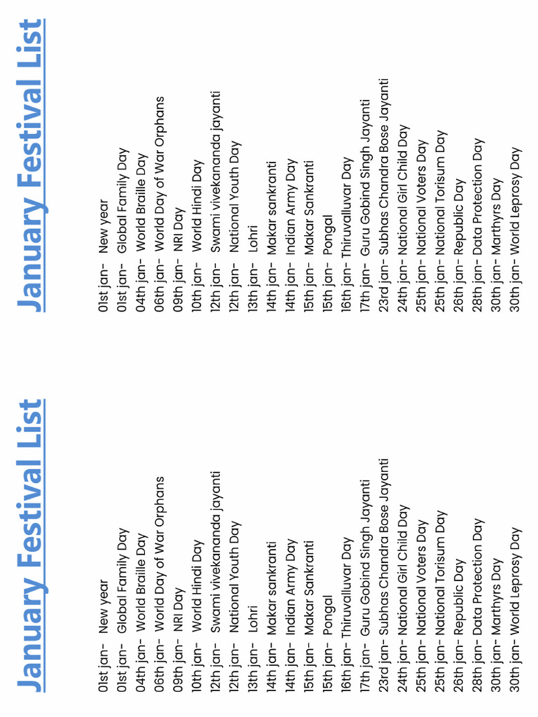 January Festival List 2024 Print | PDF