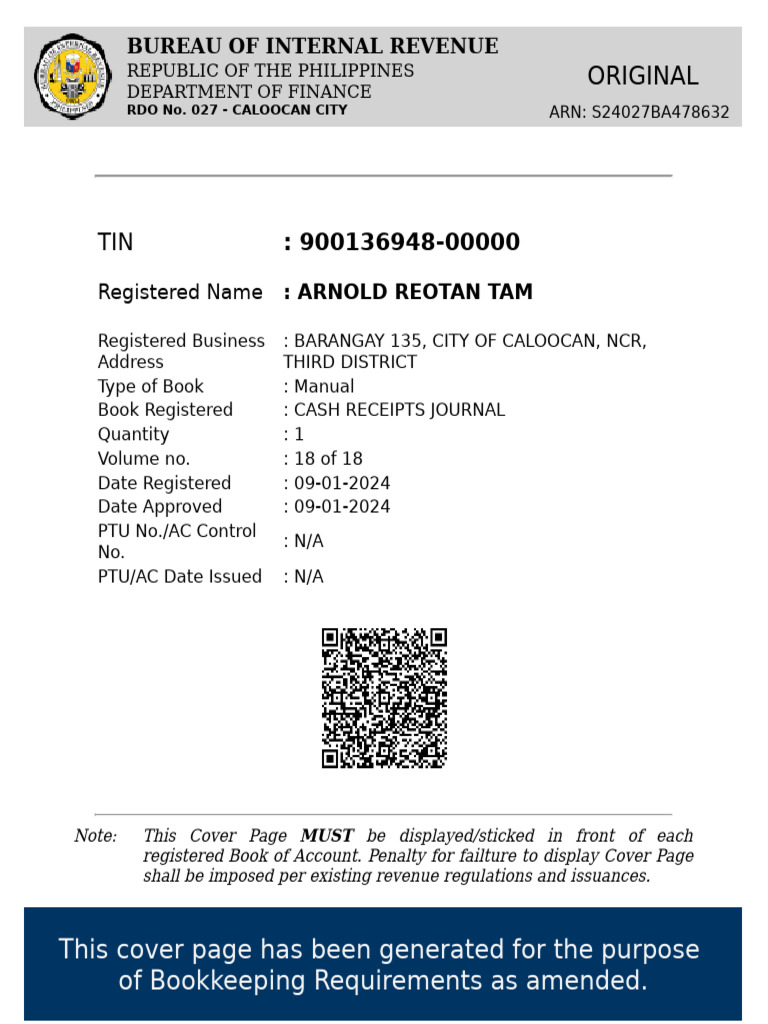 BIR Cash Receipts Journal Registration | PDF | Finance & Money ...
