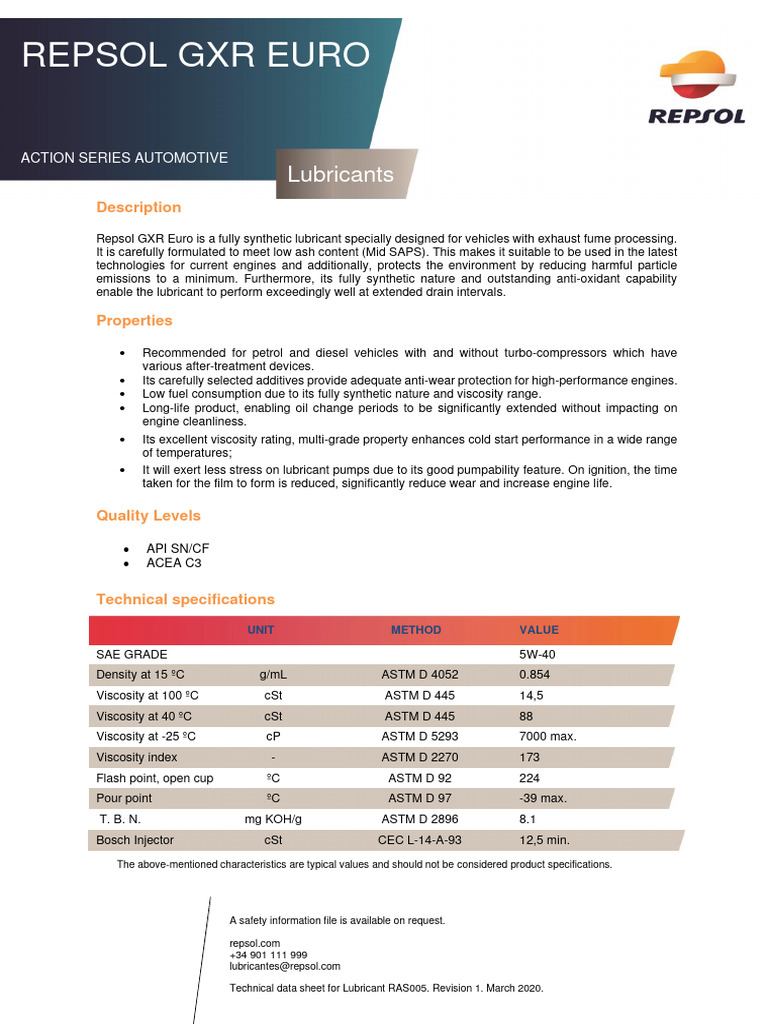 REPSOL GXR EURO 5W40 v1 1 | PDF | Physical Sciences | Mechanical ...