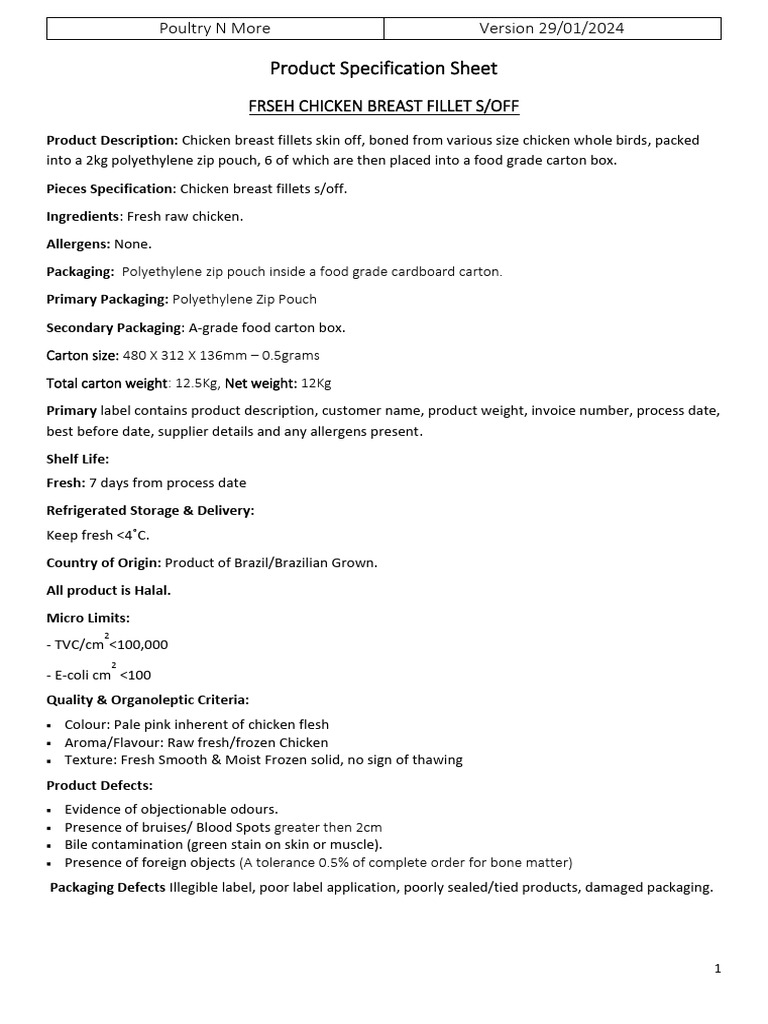 Chicken Breast Product Specifications | PDF | Packaging And Labeling ...
