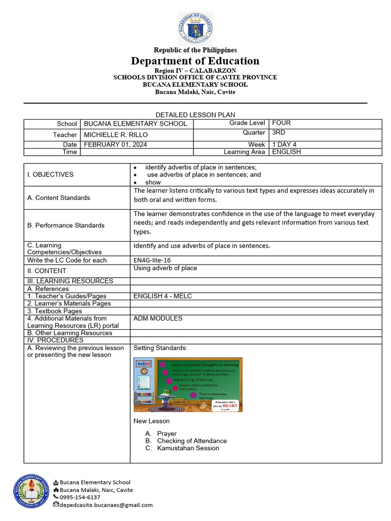Grade 4 English Lesson Plan: Adverbs | PDF | Adverb | Learning