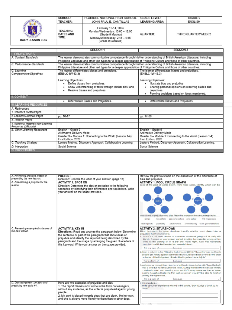 English 9 q3 Week2 Daily Lesson Log | PDF | Learning | Bias