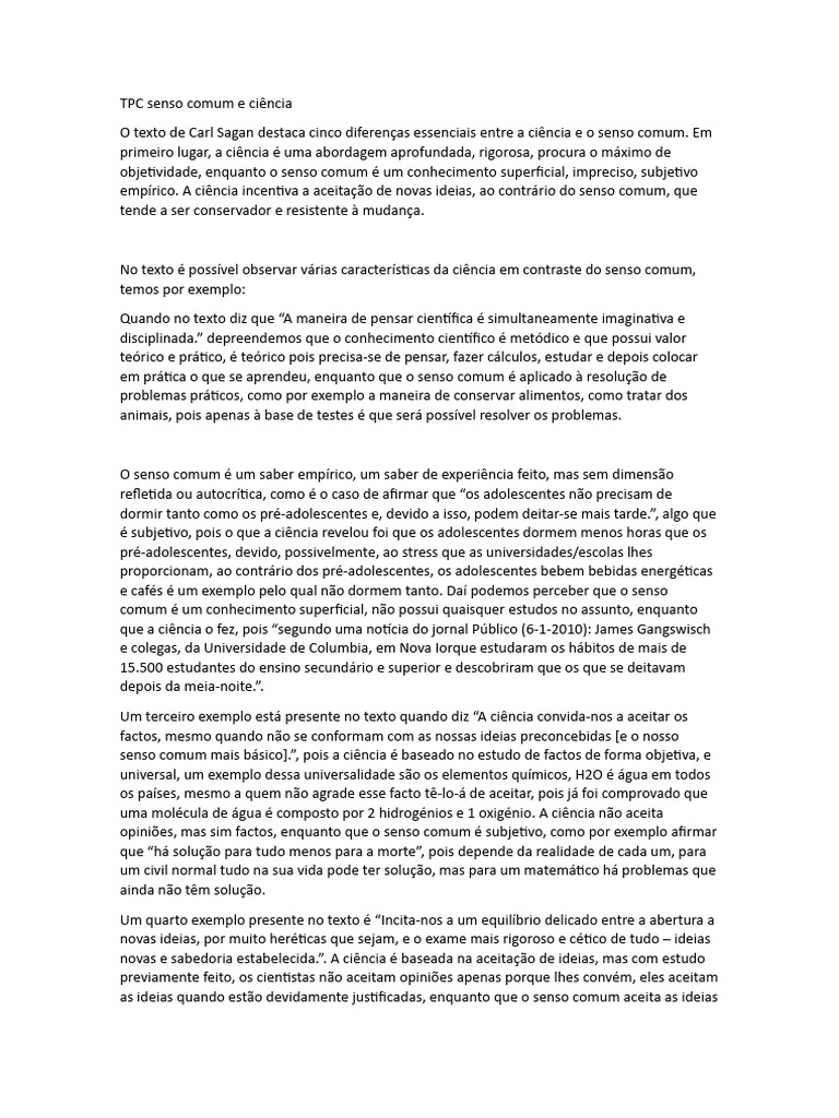 Diferenças entre Ciência e Senso Comum | PDF | Science | Conhecimento