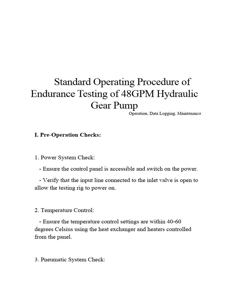 Standard Operating Procedure of Endurance Testing of 48GPM Hydraulic ...