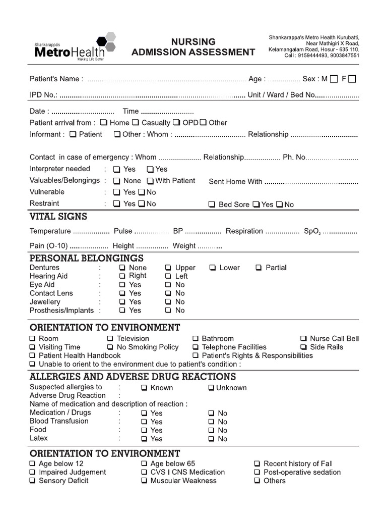 Nursing Admission Assessment | PDF