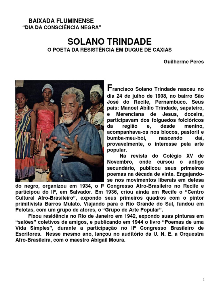 Solano Trindade: Poeta da Resistência em Duque de Caxias | PDF | Teatro |  Brasil