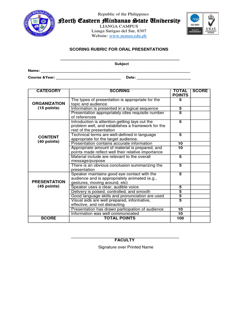 Oral Presentation Scoring Rubric | PDF | Cognitive Science | Human ...
