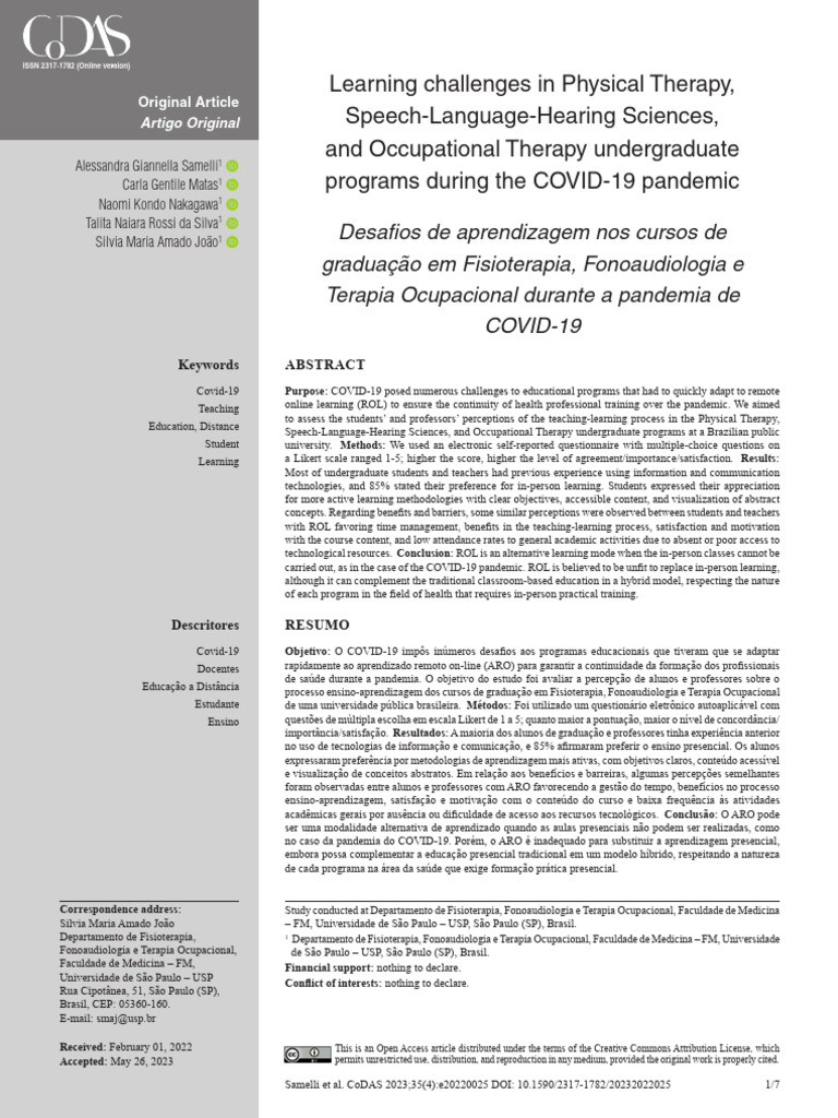 CODAS - Covid 19 e Aprendizagem Da Fonoaudiologia | PDF | Educational ...