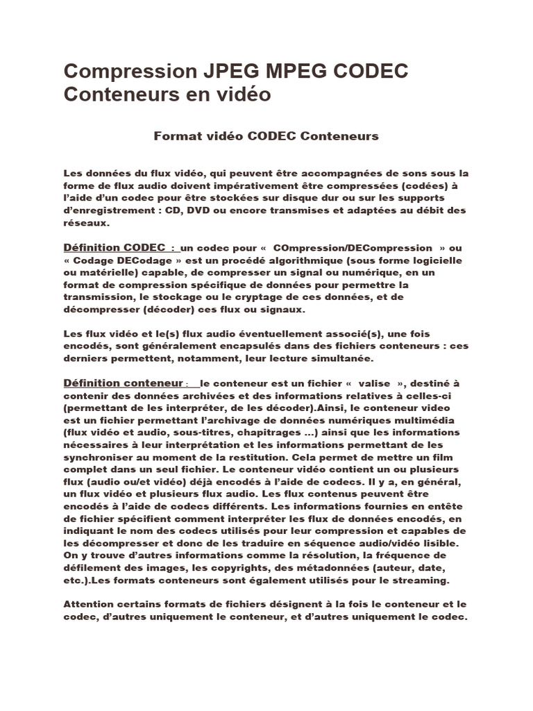 Compression JPEG MPEG CODEC Conteneurs en Vidéo | PDF | Formats de ...