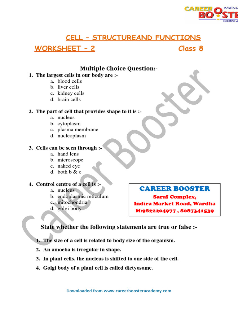 Class 8 - Science - Cell - Structure and Functions - WORKSHEET | PDF ...