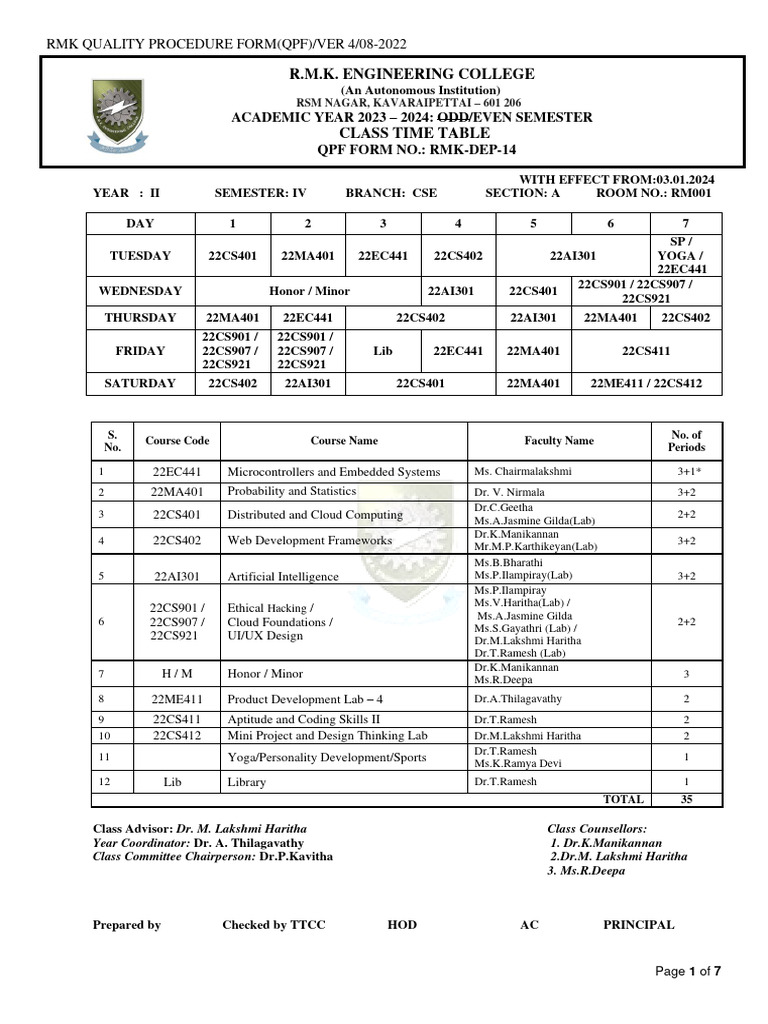 CSE Class Timetable 2023-2024 | PDF | Big Data | Computing