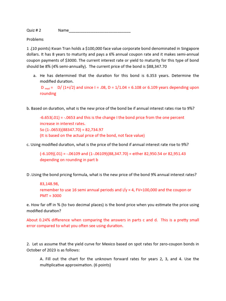 Bond Pricing and Duration Analysis Quiz | PDF | Bond Duration | Bonds ...