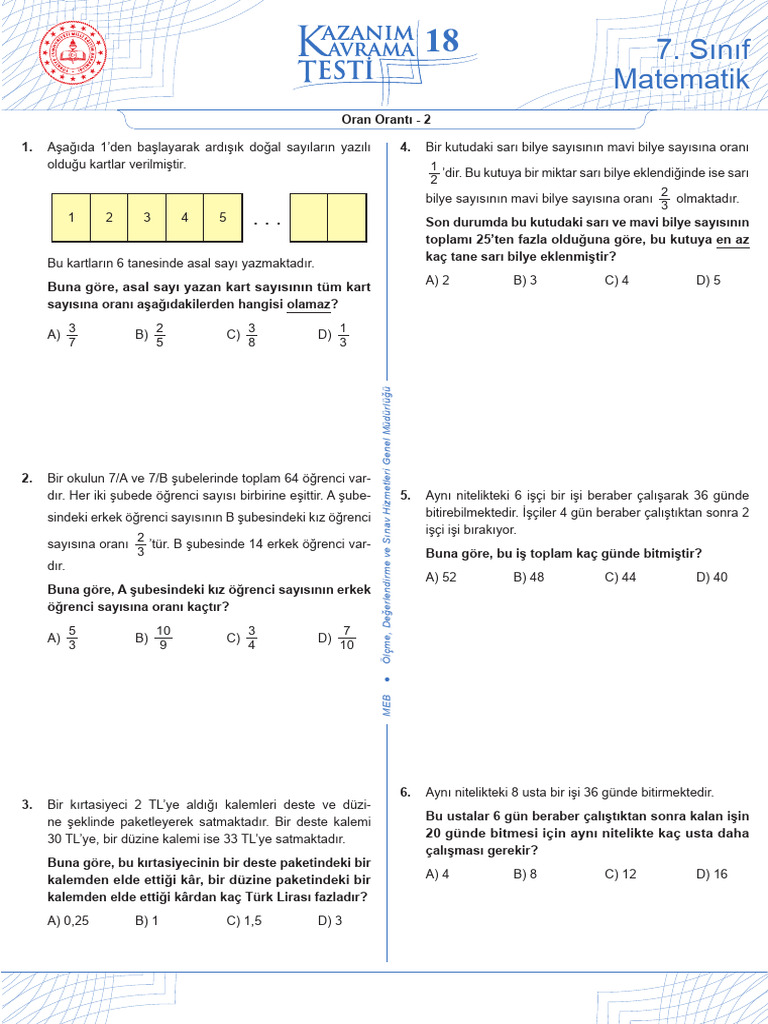 Matematik 7 Kazanim Kavrama 18 Oran Oranti | PDF