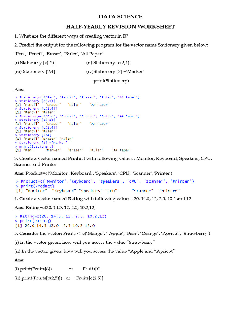 R Vector and Data Structure Exercises | PDF | Equipment | Computer ...