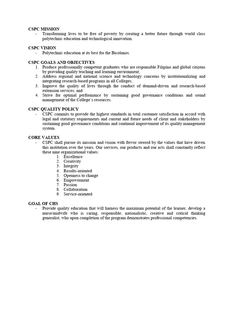CSPC Mission, Vision, and Core Values | PDF | Business
