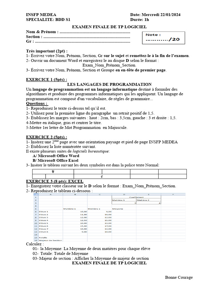 Examen Final Bureautique INSFP | PDF | Microsoft Word | Microsoft Excel