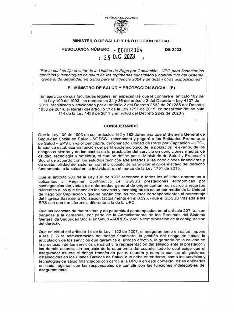 Resolución 2364 de 2023 | PDF | Politica social | Cuidado de la salud