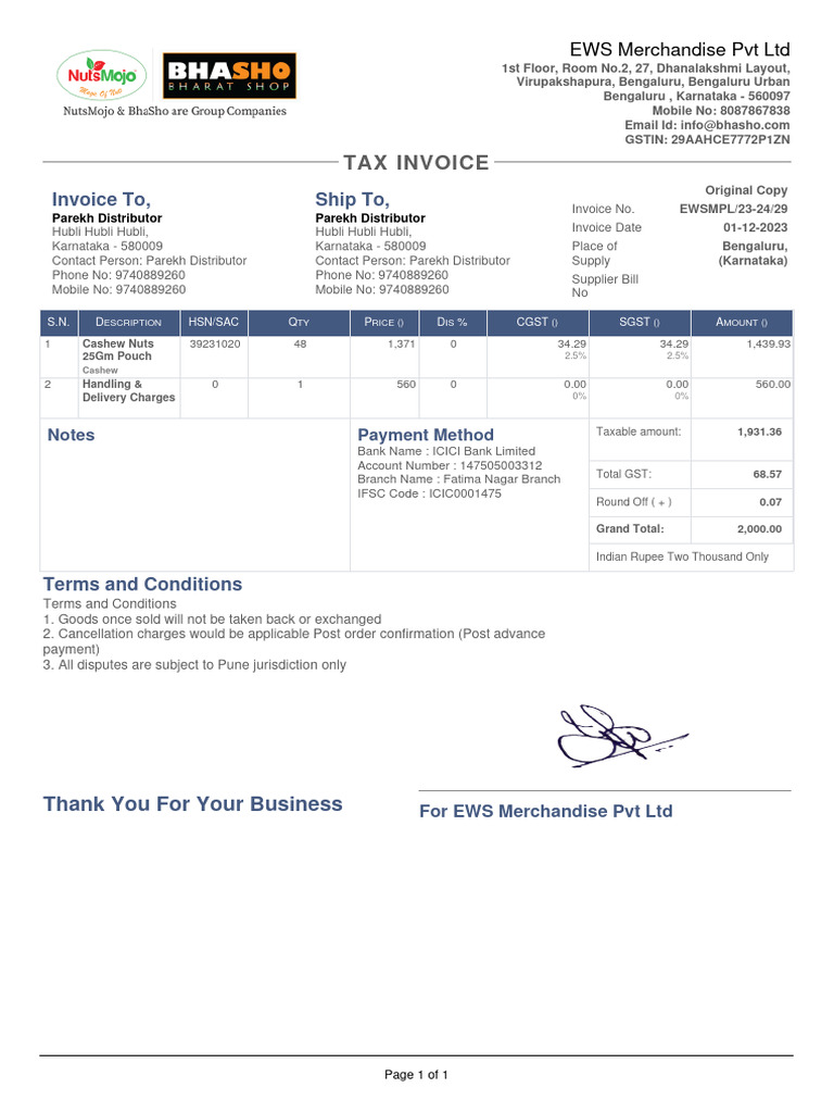 EWS Invoice for Parekh Distributor | PDF | Invoice | Taxation