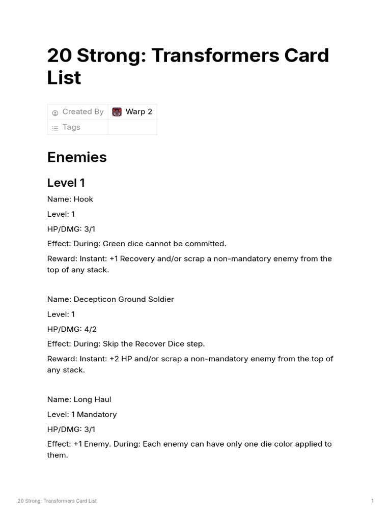 20 strong transformers card list pdf transformers franchise 