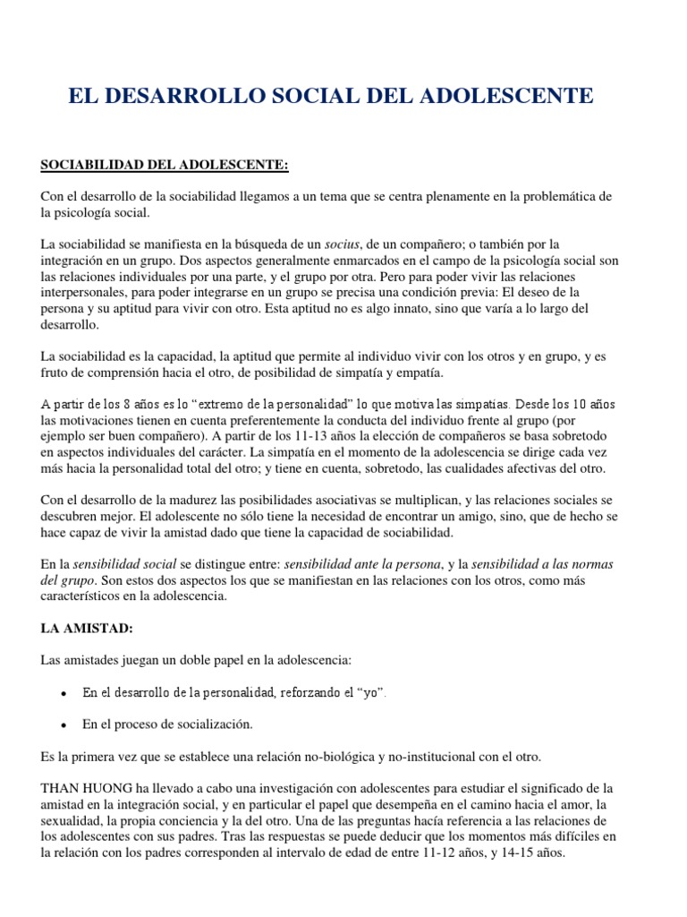 El Desarrollo Social Del Adolescente | PDF | Adolescencia | Adultos