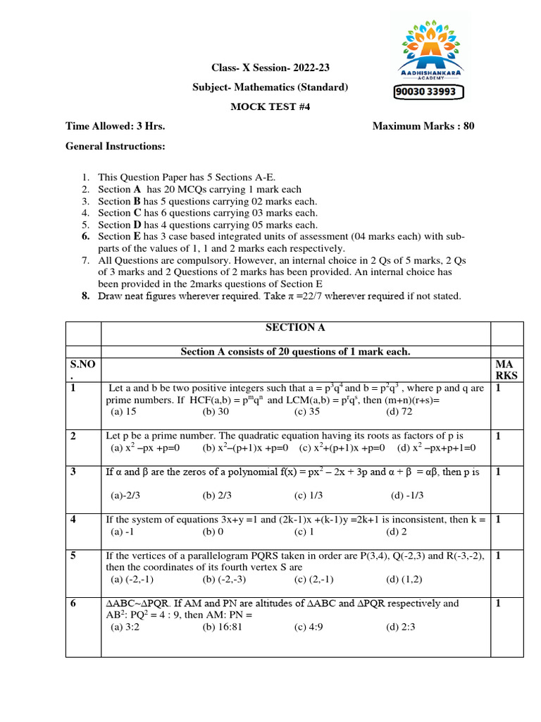 10TH Math - Mock Test #04 | PDF | Triangle | Geometry