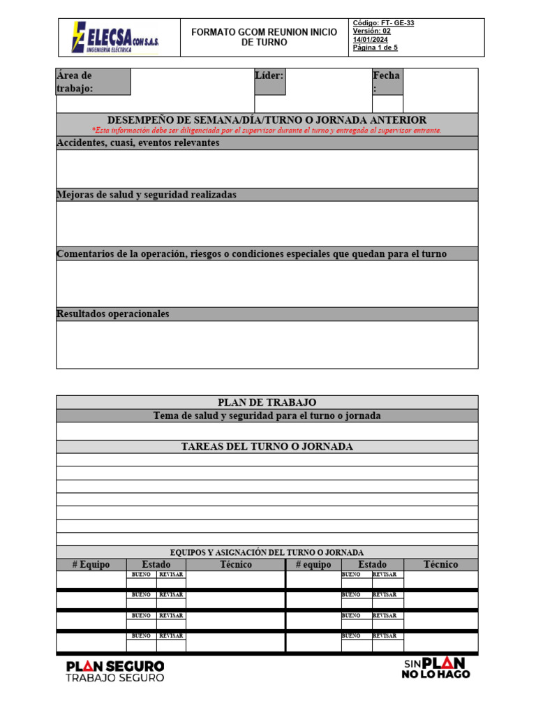 Formato GCOM Inicio de Turno GE-33 | PDF