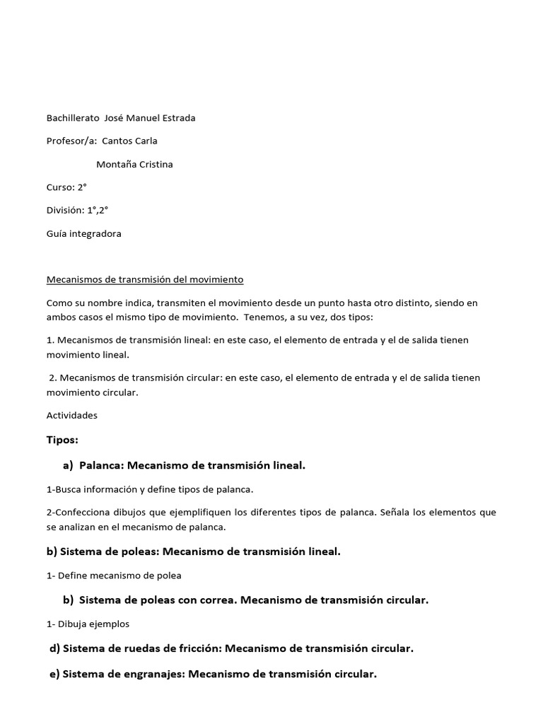 Mecanismos De Transmisión Del Movimiento Pdf Engranaje Máquinas