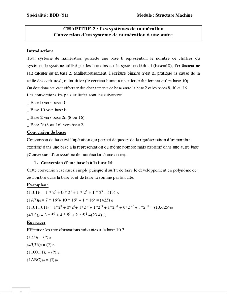Conversion de bases numériques simplifiée | PDF | Méthodes et ...