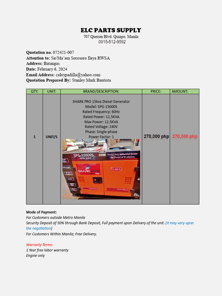 Shark Pro 15kVA Diesel Generator Quotation | PDF