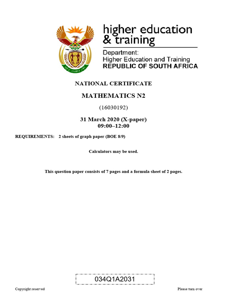 N2 Mathematics April 2020 | PDF | Area | Angle