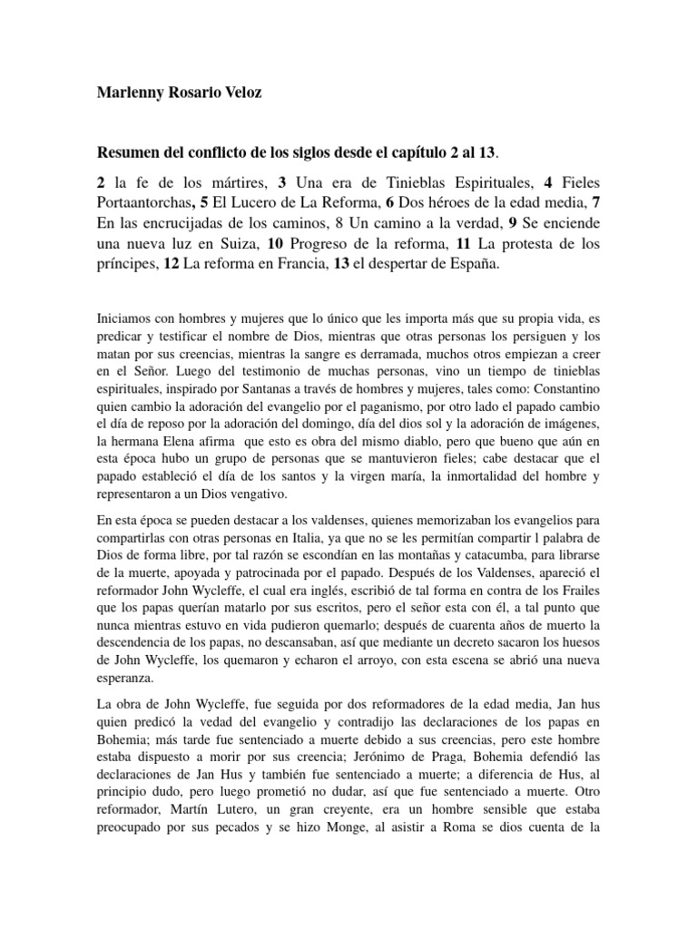Resumen Del Conflicto de Los Siglos Desde El Capítulo 2 Al 13 PDF Martin Luther protestantismo