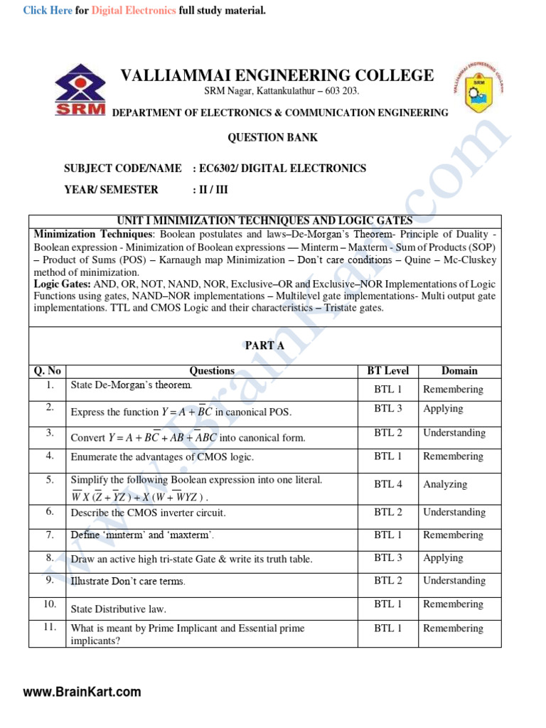 210 EC8392, EC6302 Digital Electronics Question Bank 1 PDF