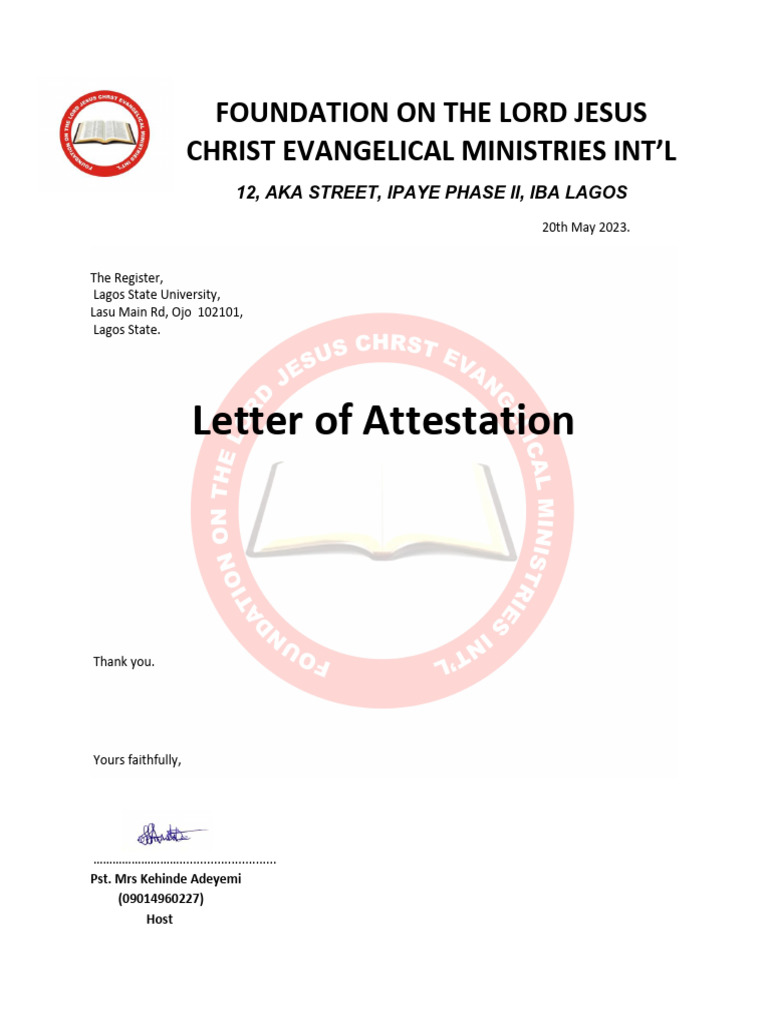 Church Attestation Letter for LASU | PDF | Social Science | Law