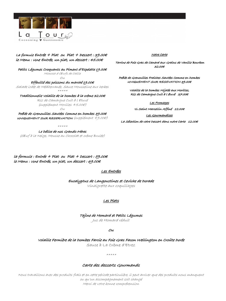 Menu Gastronomique du Restaurant La Tour | PDF | Cuisine asiatique ...