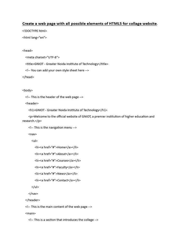 Create A Web Page With All Possible Elements of HTML5 For Collage ...