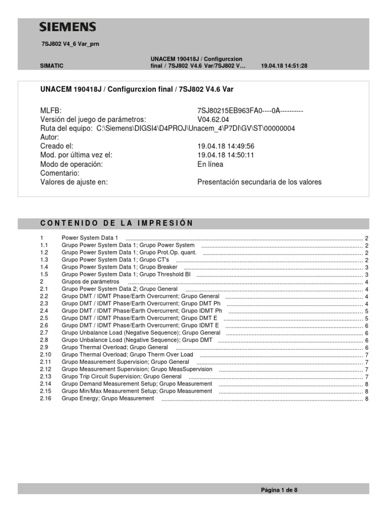 Configuración 7SJ802 V4.6 para UNACEM | PDF