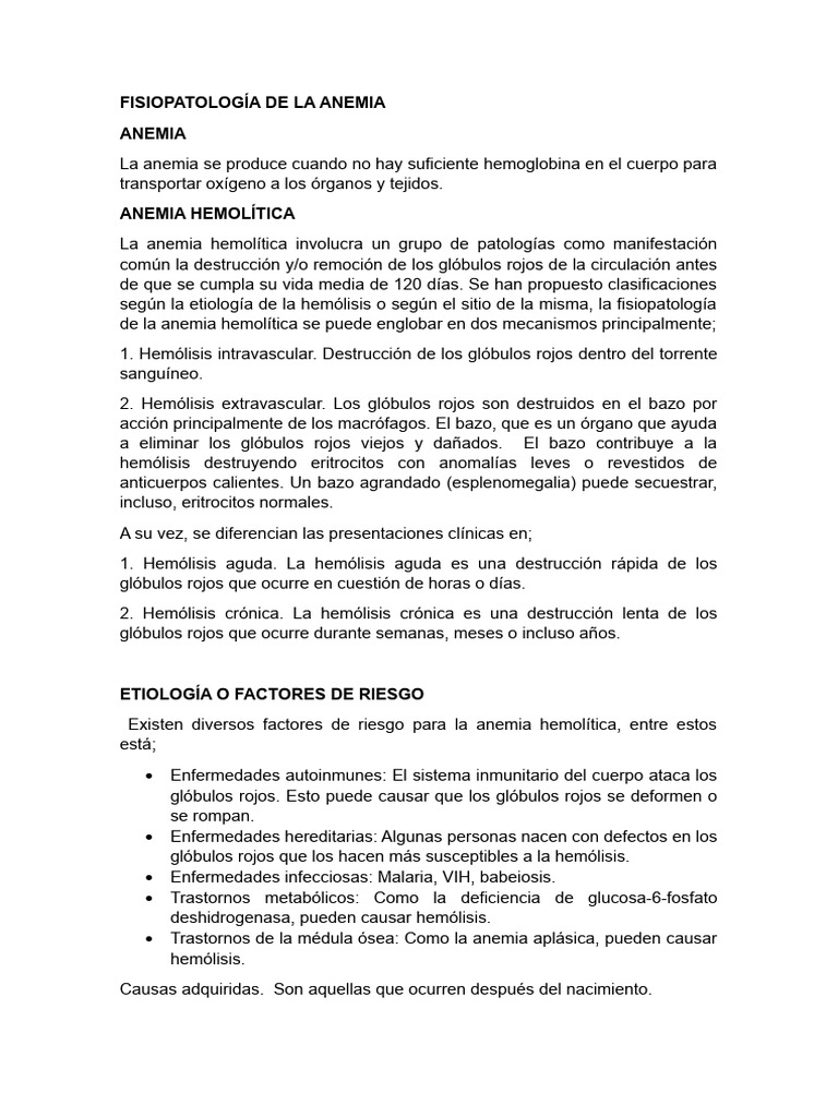 Fisiopatología y Tratamiento de Anemia Hemolítica | PDF | Glóbulo rojo ...